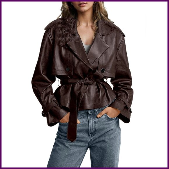 Faux Leather Short Trench Coat with Belt Moto Style Jacket